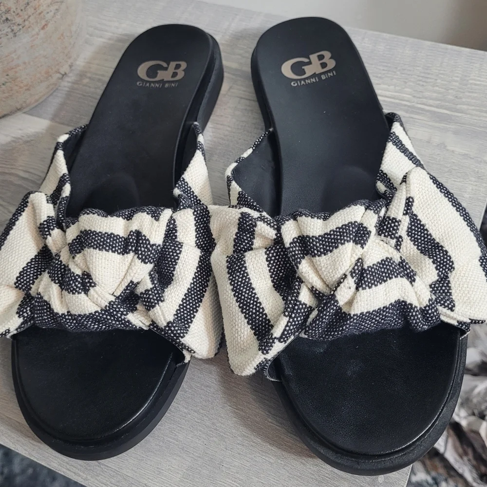 Gianni Bini Black and White Striped Knot Slide Sandals